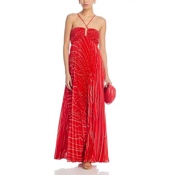 BCBGMAXAZRIA Women's Pleated Chiffon Long Dress Rosso Combo Size 6 NWT - Picture 5 of 13